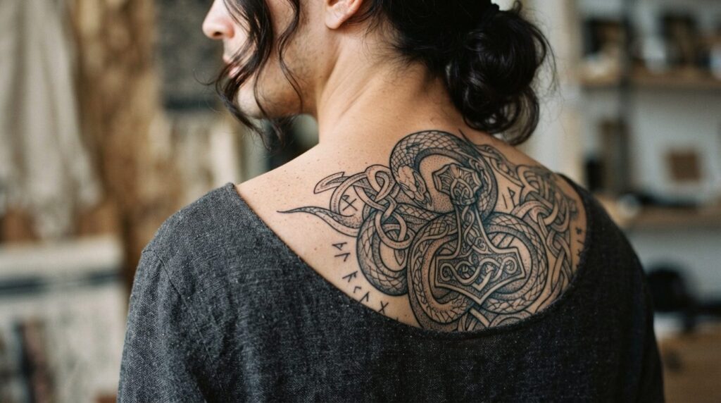 Close-up professional lifestyle photograph of a tattooed per