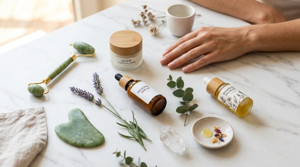 Flat-lay professional beauty photography in 16:9 format feat