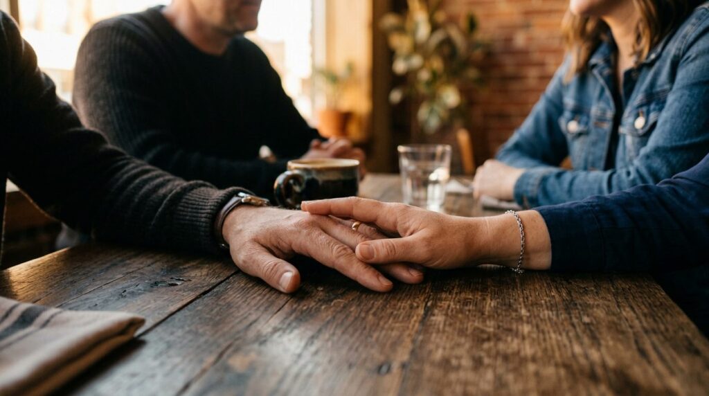 Close-up of two peoples hands meeting on table during intim