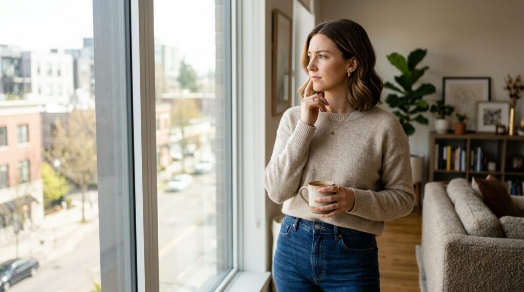 Well-groomed woman in stylish casual outfit looking thoughtf