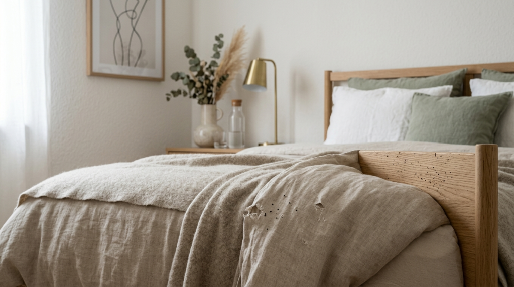 Close-up detail shot of a stylish, well-decorated bedroom co