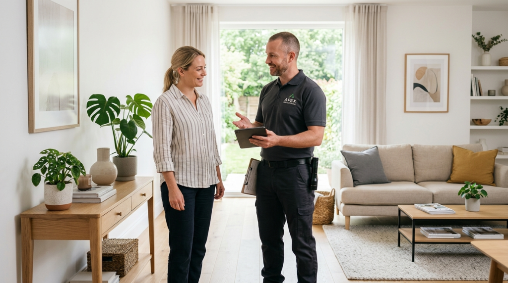 Bright, clean home interior showing a professional pest cont