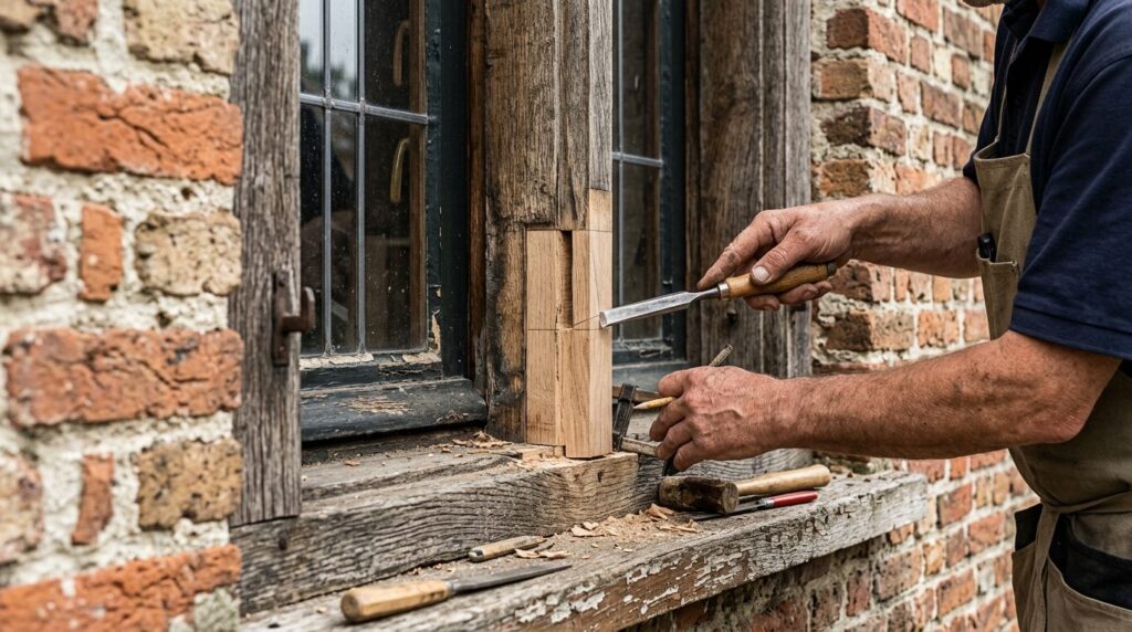 Close-up detail shot of traditional wooden window frame join