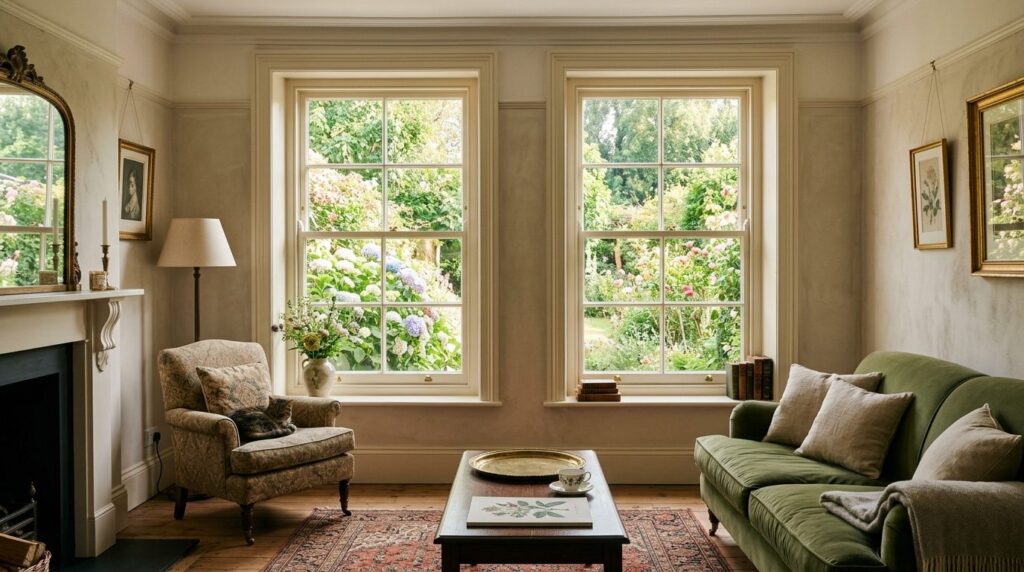 Serene interior lifestyle photograph of elegant historic hom