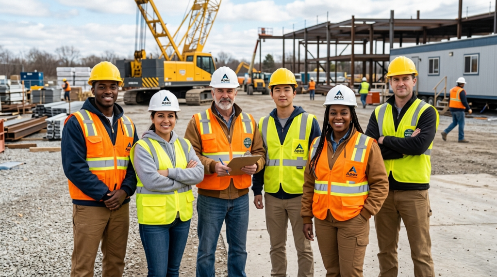 Diverse team of construction and logistics workers wearing c
