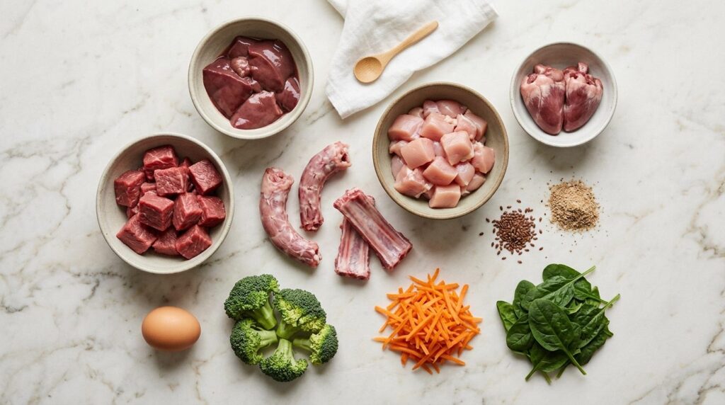 Overhead flat lay composition of fresh raw ingredients for B
