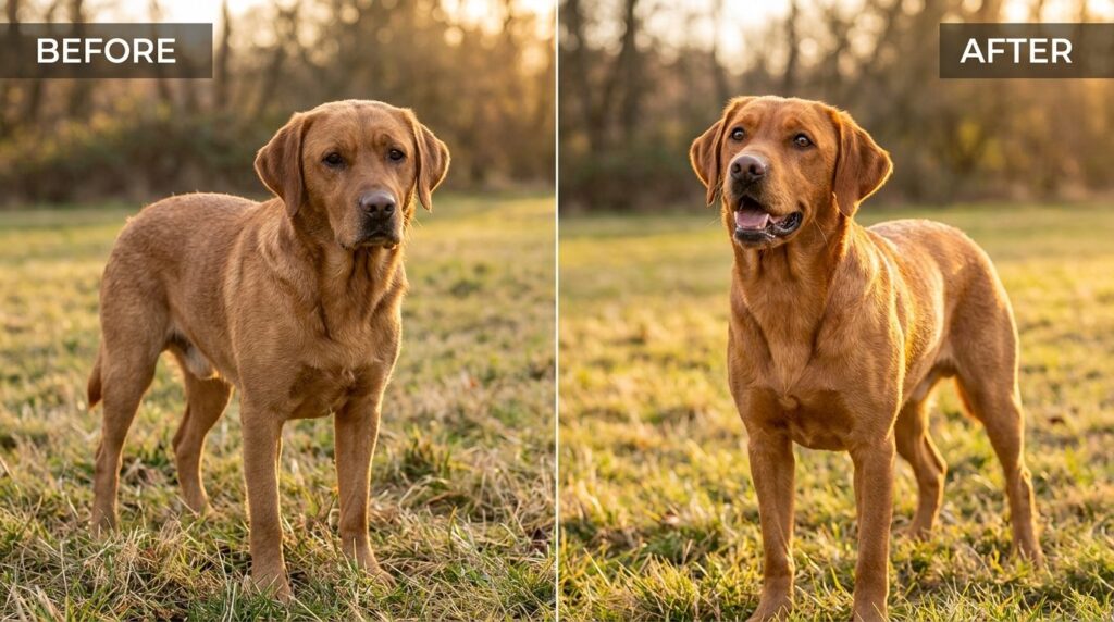 Split-screen before and after style image: left side shows a