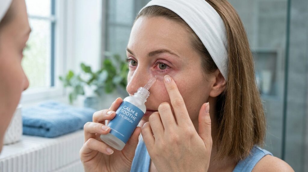 Beauty editorial photograph of a woman applying soothing eye
