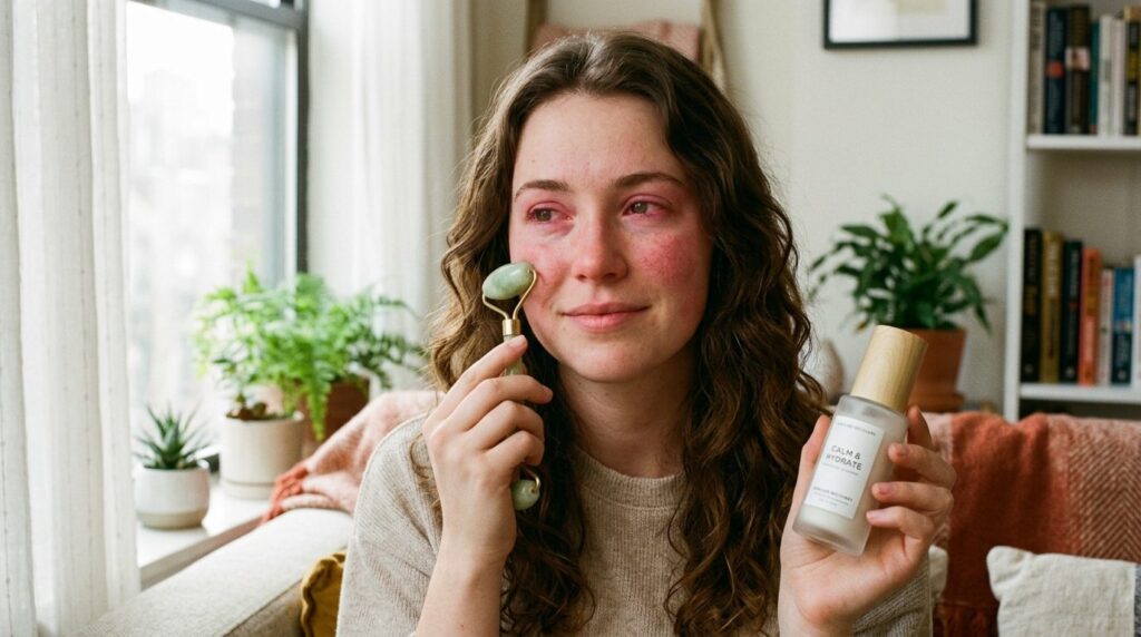 Lifestyle beauty shot of a young woman with reddened eyes an