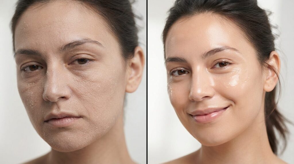 Close-up beauty shot of a womans face showing dry winter sk