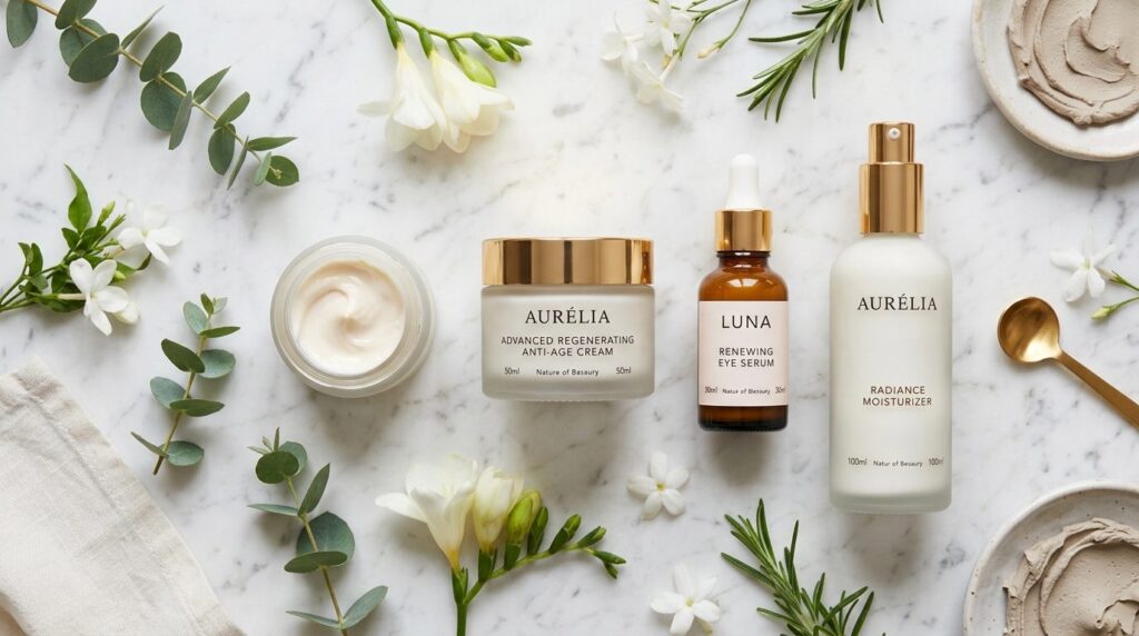 Flat lay skincare product composition featuring anti-age cre