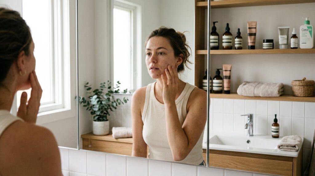 Young woman in her 20s examining her skin in bathroom mirror