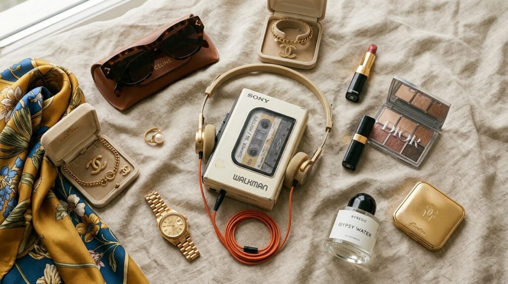 Elevated lifestyle flat lay featuring a vintage cassette pla