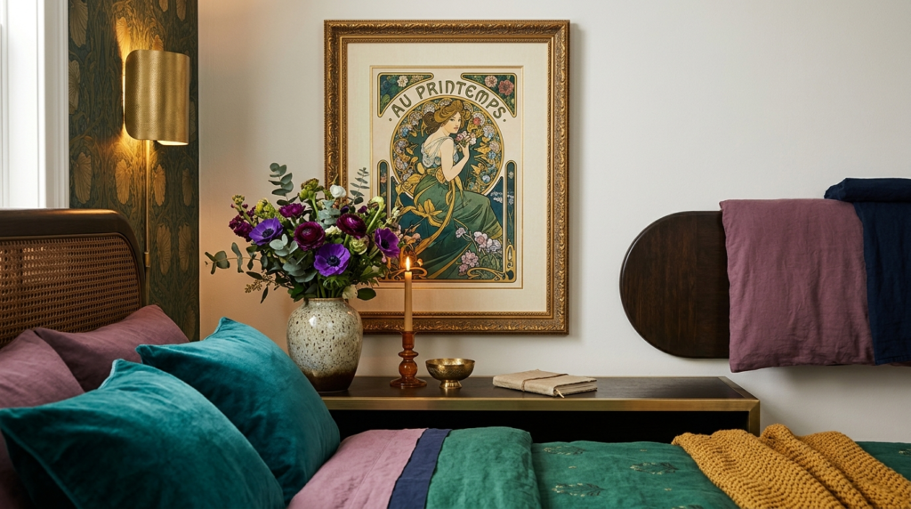 Close-up detail shot of a stylishly decorated bedroom corner