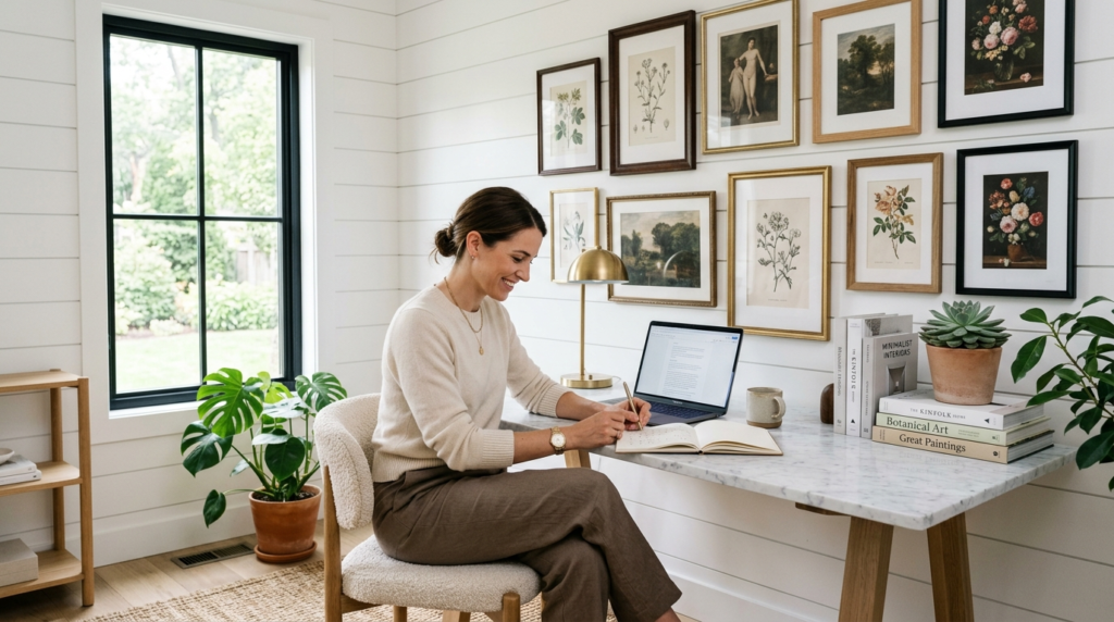 Modern minimalist home office with white shiplap walls, feat