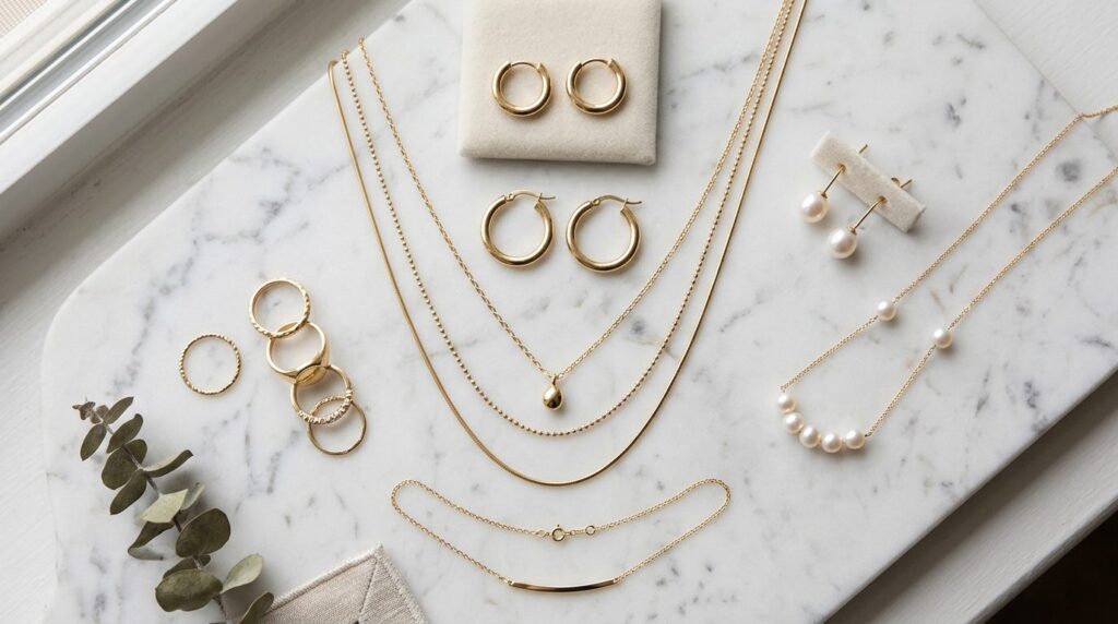 Flat lay product photography of an organized jewelry collect