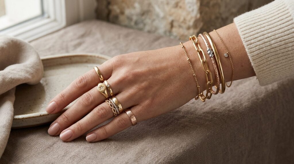 Close-up detail shot of a womans hand and wrist wearing mul