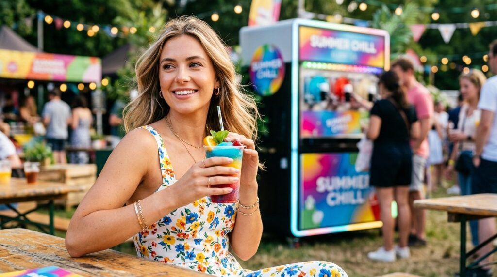 Close-up of a stylish woman in summer dress holding a colorf