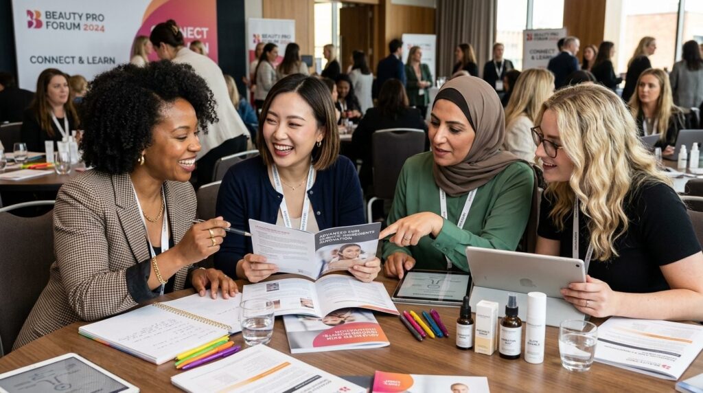 Close-up of diverse female beauty professionals networking a