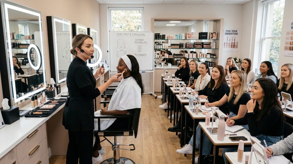 Woman beauty educator presenting makeup and skincare techniq