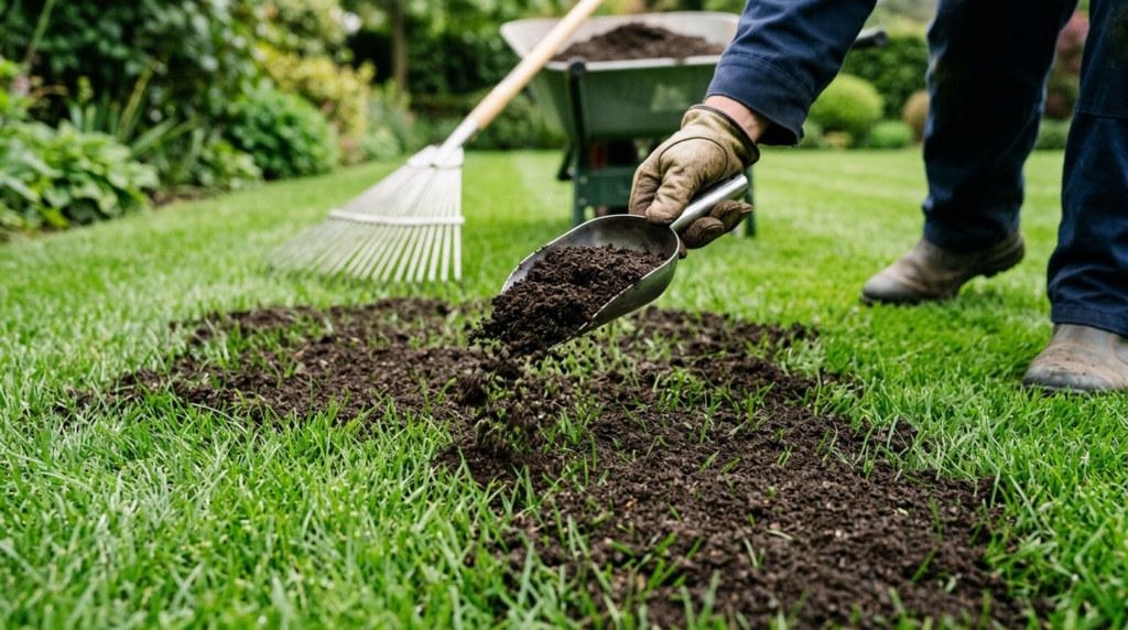 Close-up detail shot of topdressing application on lawn, sho