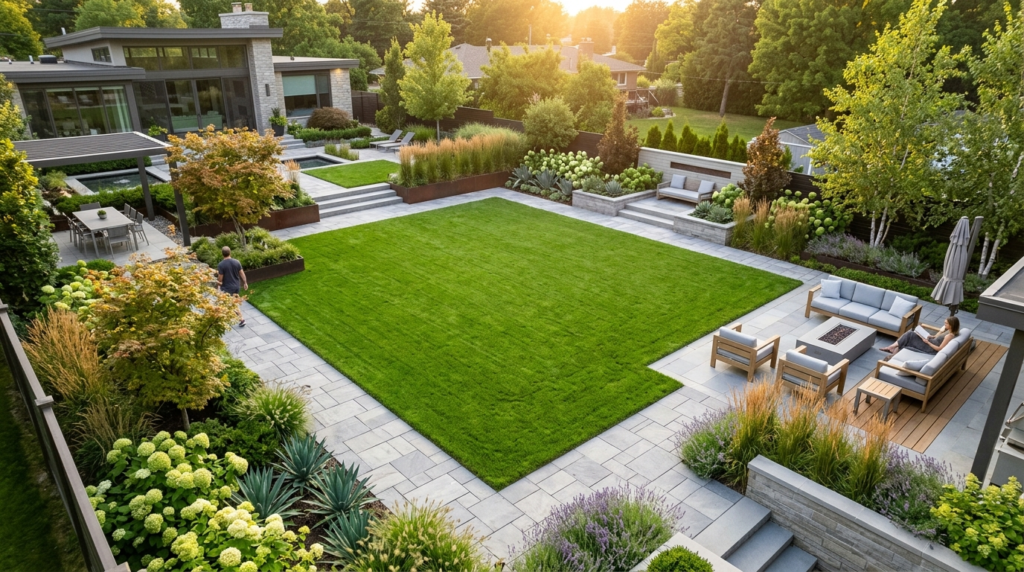 Wide aerial perspective of a designer garden space with tran